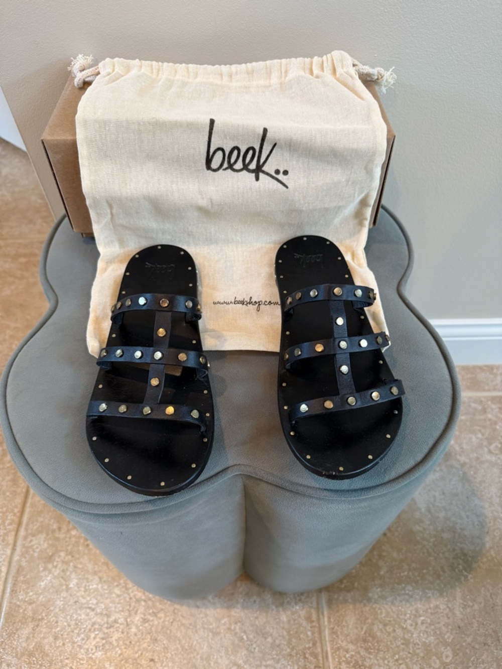 beek Black Studded Leather Slide Sandals